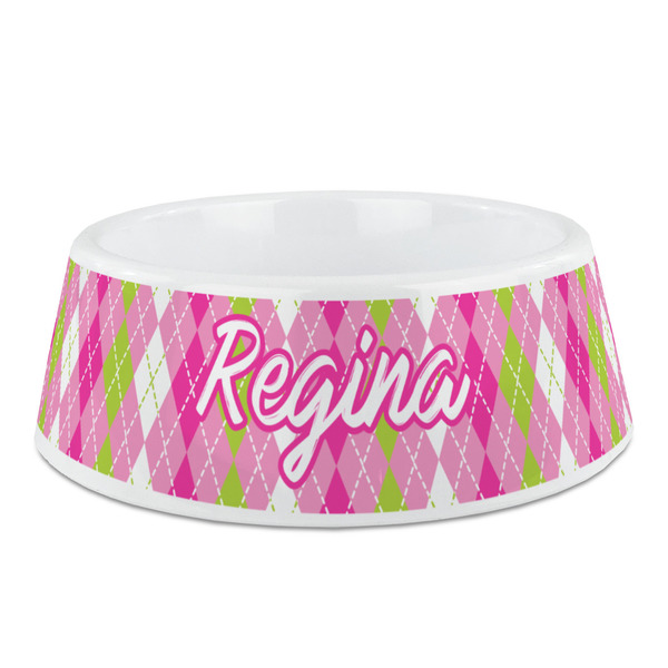 Custom Pink & Green Argyle Plastic Dog Bowl - Medium (Personalized)
