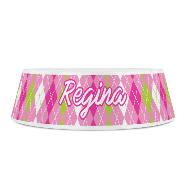 Pink & Green Argyle Plastic Pet Bowls - Small - FRONT