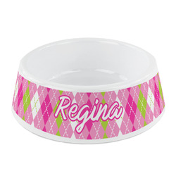 Pink & Green Argyle Plastic Dog Bowl - Small (Personalized)