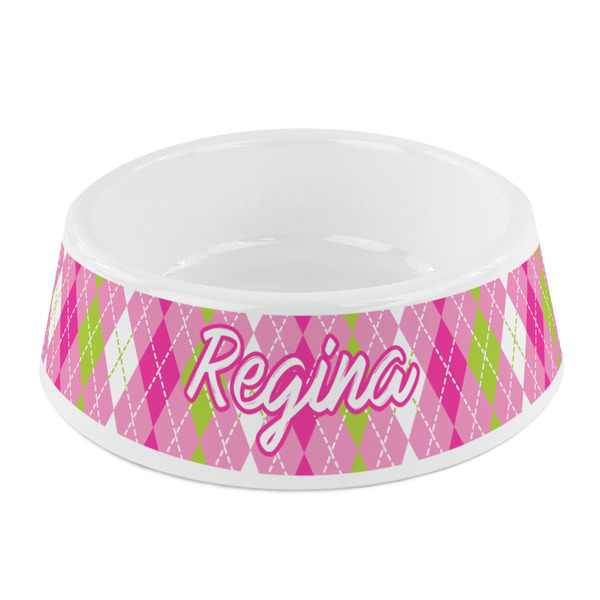 Custom Pink & Green Argyle Plastic Dog Bowl - Small (Personalized)