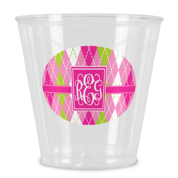 Custom Pink & Green Argyle Plastic Shot Glass (Personalized)