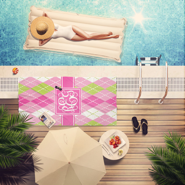 Pink & Green Argyle Pool Towel Lifestyle