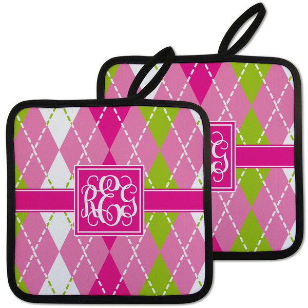 Custom Pink & Green Argyle Pot Holders - Set of 2 w/ Monogram
