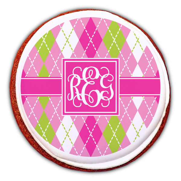 Pink & Green Argyle Printed Icing Circle - Large - On Cookie