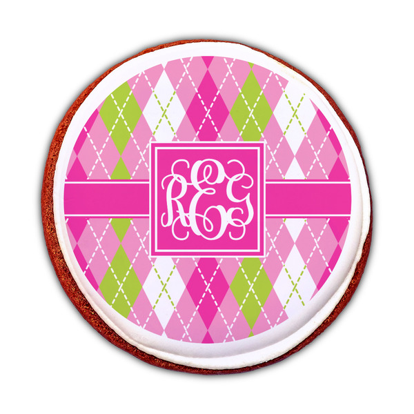 Pink & Green Argyle Printed Icing Circle - Medium - On Cookie