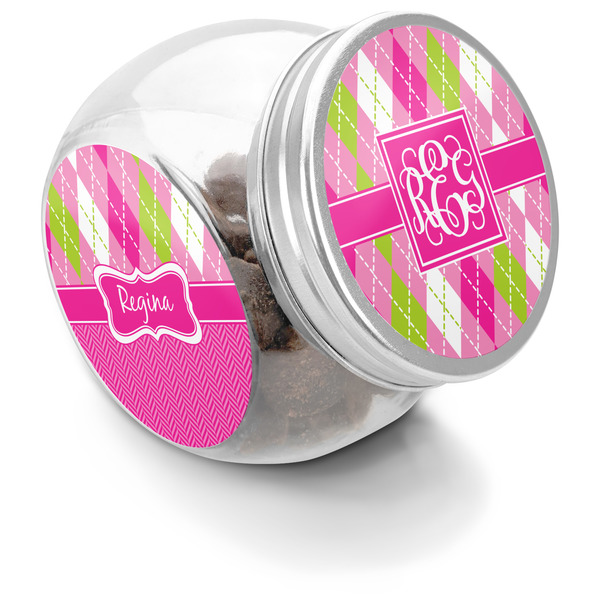Custom Pink & Green Argyle Puppy Treat Jar (Personalized)
