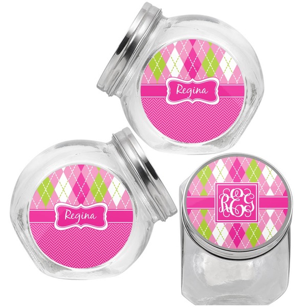 Pink & Green Argyle Puppy Treat Jar - Top Left Right