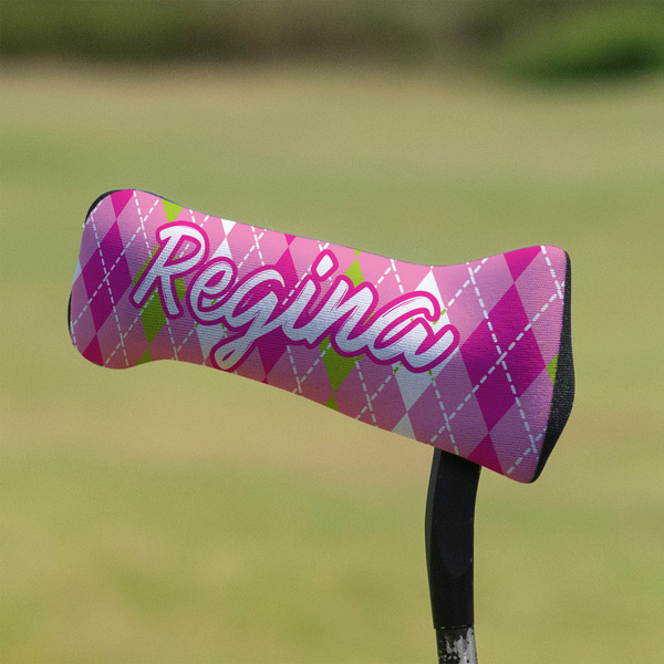 Pink & Green Argyle Putter Cover - On Putter