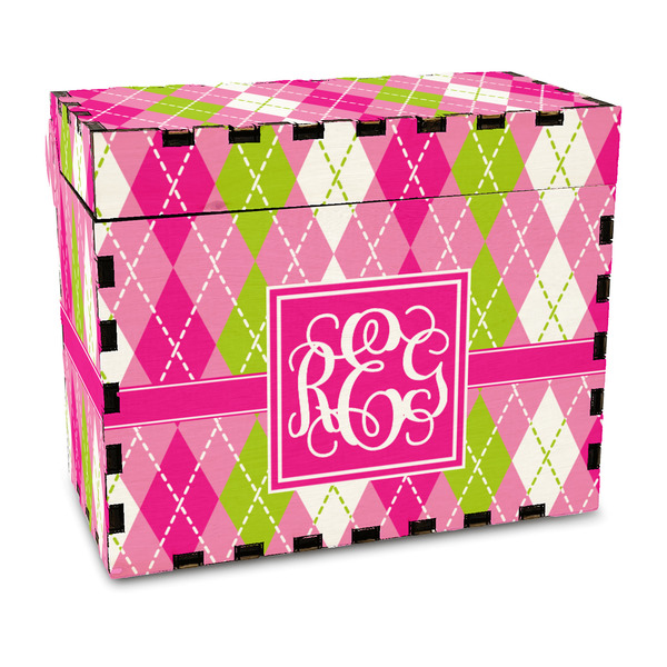 Custom Pink & Green Argyle Wood Recipe Box - Full Color Print (Personalized)