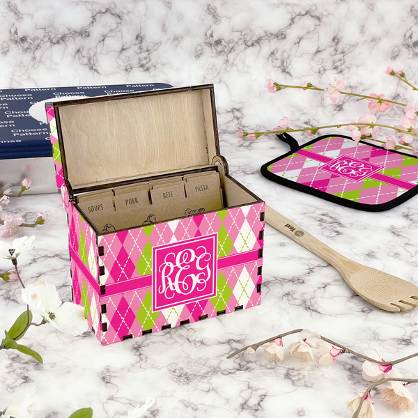 Pink & Green Argyle Recipe Box - Full Color - In Context