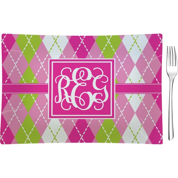 Custom Pink & Green Argyle Rectangular Glass Appetizer / Dessert Plate - Single or Set (Personalized)