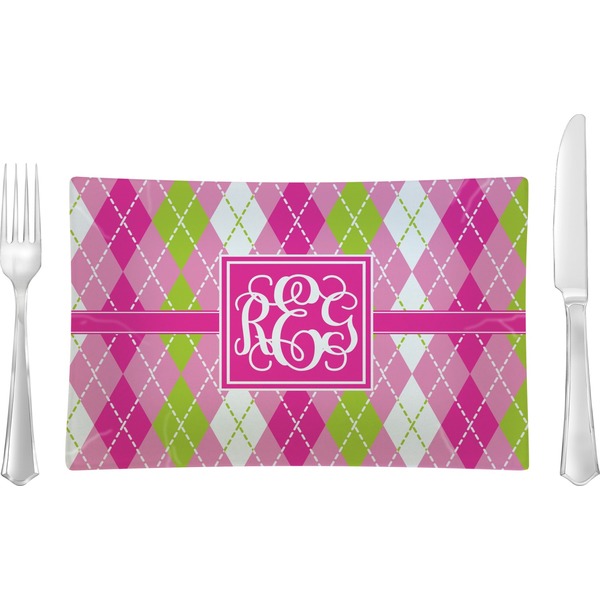 Custom Pink & Green Argyle Rectangular Glass Lunch / Dinner Plate - Single or Set (Personalized)