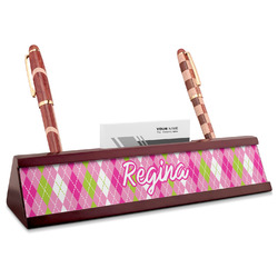 Pink & Green Argyle Red Mahogany Nameplate with Business Card Holder (Personalized)