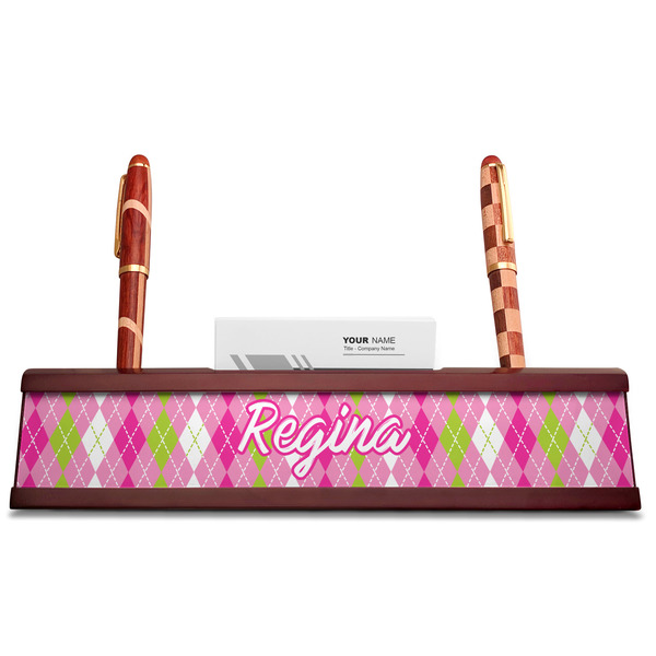 Pink & Green Argyle Red Mahogany Nameplates with Business Card Holder - Straight