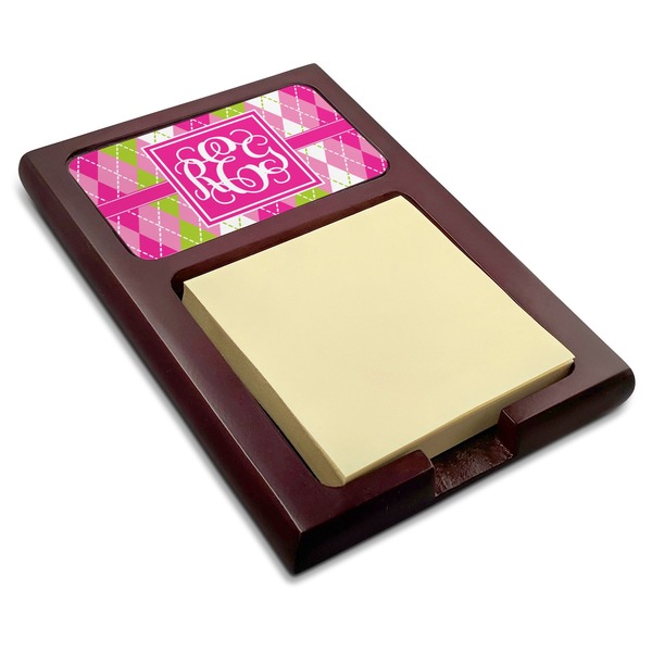 Custom Pink & Green Argyle Red Mahogany Sticky Note Holder (Personalized)