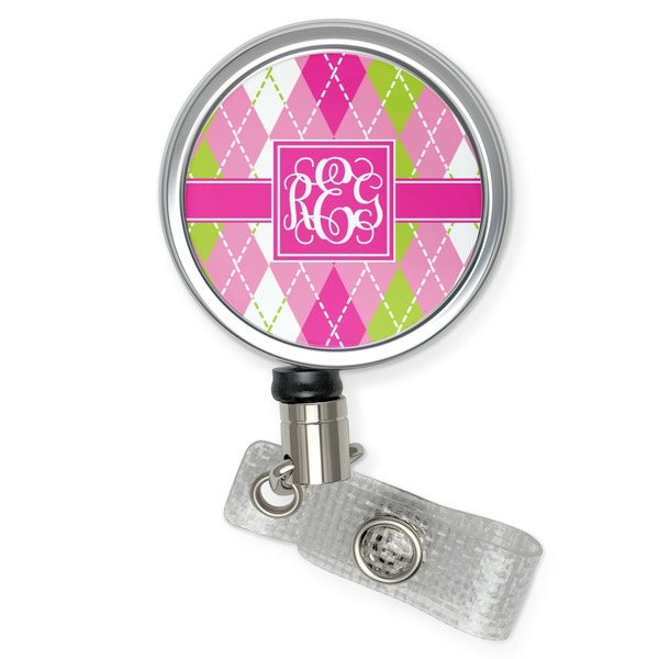 Custom Pink & Green Argyle Retractable Badge Reel (Personalized)