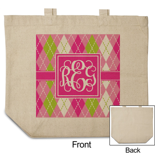 Pink & Green Argyle Reusable Cotton Grocery Bag - Front & Back View