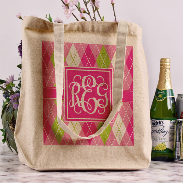 Pink & Green Argyle Reusable Cotton Grocery Bag - In Context