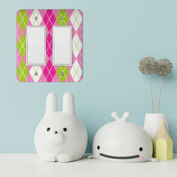 Pink & Green Argyle Rocker Light Switch Covers - Double - IN CONTEXT