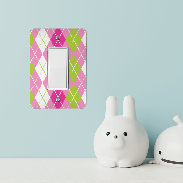 Pink & Green Argyle Rocker Light Switch Covers - Single - IN CONTEXT