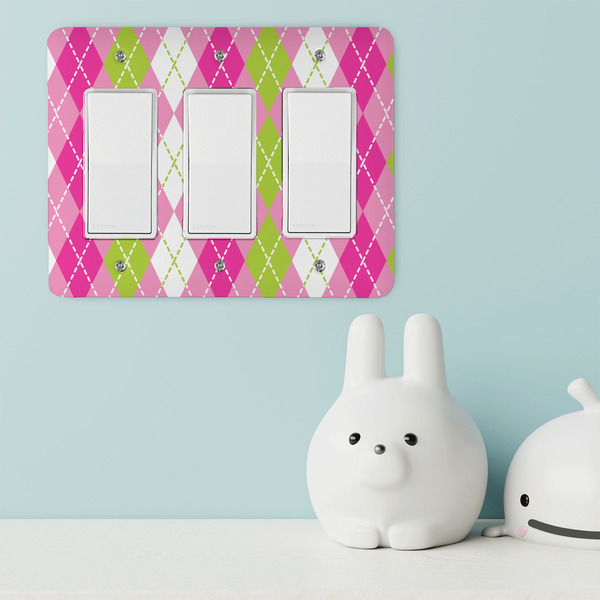 Pink & Green Argyle Rocker Light Switch Covers - Triple - IN CONTEXT