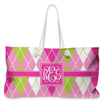 Pink & Green Argyle Large Tote Bag with Rope Handles (Personalized)