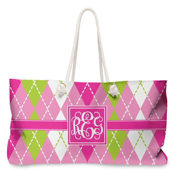 Custom Pink & Green Argyle Large Tote Bag with Rope Handles (Personalized)
