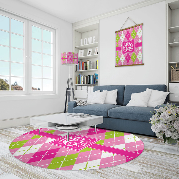 Pink & Green Argyle Round Area Rug - IN CONTEXT