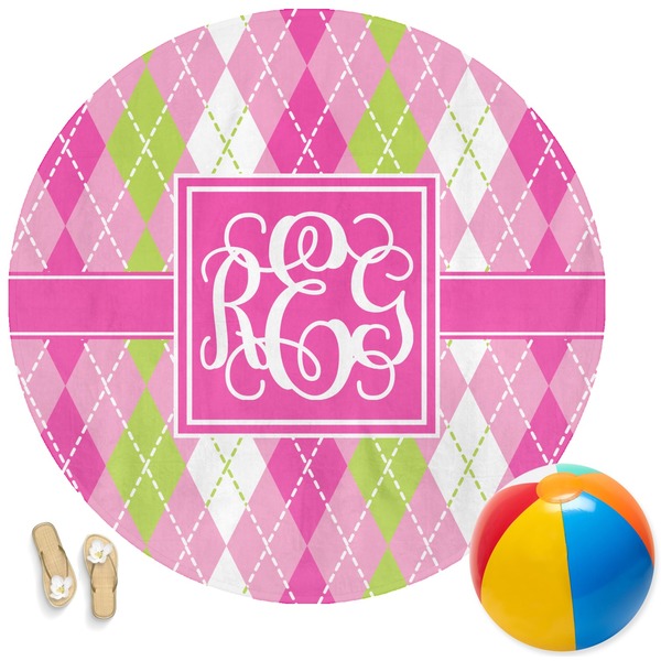 Custom Pink & Green Argyle Round Beach Towel (Personalized)