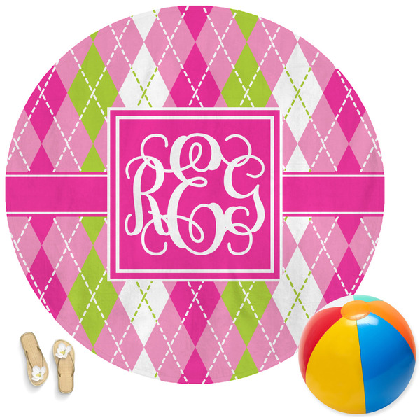 Custom Pink & Green Argyle Round Beach Towel (Personalized)