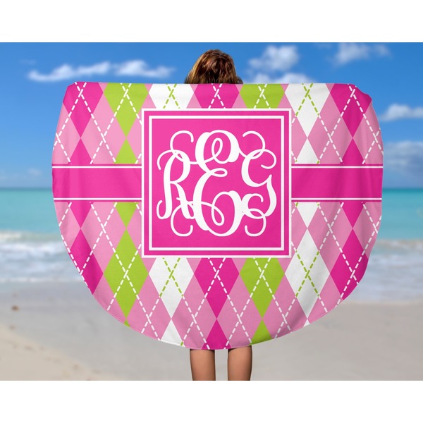 Pink & Green Argyle Round Beach Towel - In Use