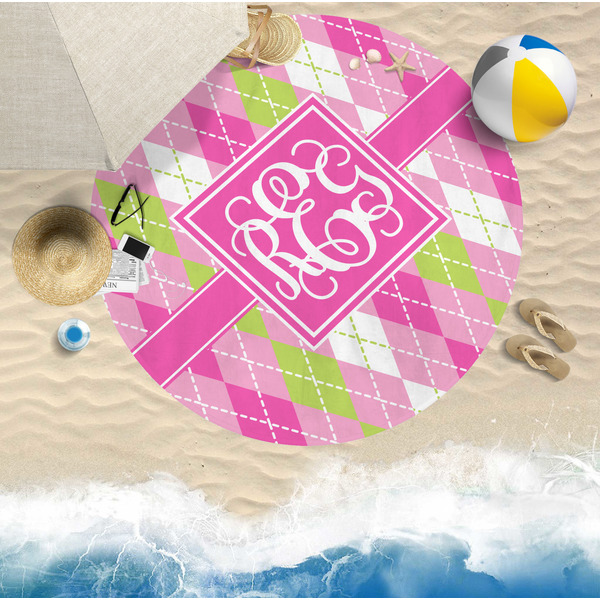 Pink & Green Argyle Round Beach Towel Lifestyle