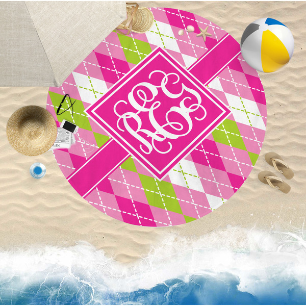 Pink & Green Argyle Round Beach Towel Lifestyle