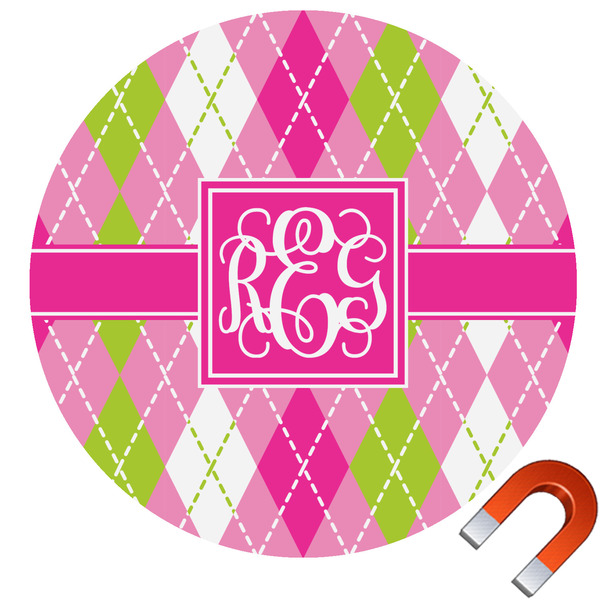 Custom Pink & Green Argyle Round Car Magnet - 10" (Personalized)