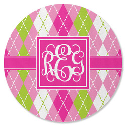 Pink & Green Argyle Round Rubber Backed Coaster (Personalized)