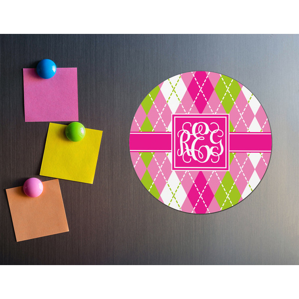 Pink & Green Argyle Round Fridge Magnet - LIFESTYLE