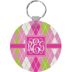Pink & Green Argyle Round Plastic Keychain (Personalized)