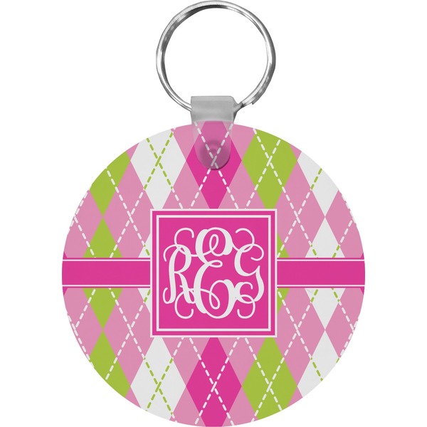Custom Pink & Green Argyle Round Plastic Keychain (Personalized)