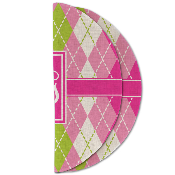 Pink & Green Argyle Round Linen Placemats - HALF FOLDED (double sided)