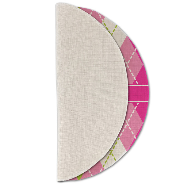 Pink & Green Argyle Round Linen Placemats - HALF FOLDED (single sided)