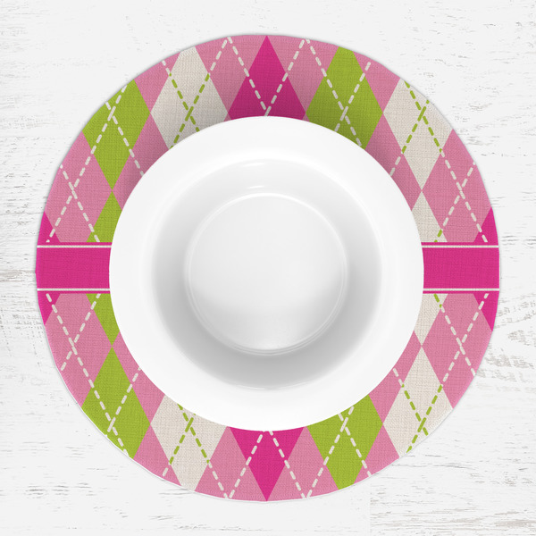 Pink & Green Argyle Round Linen Placemats - LIFESTYLE (single)