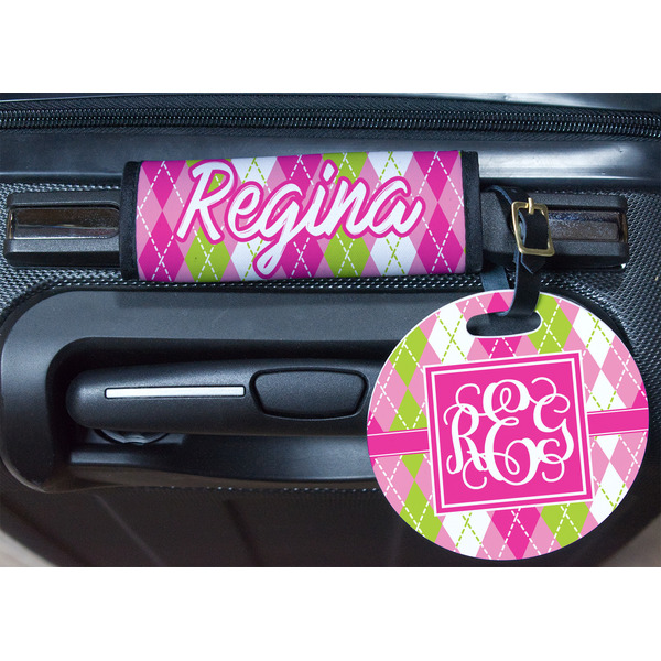 Pink & Green Argyle Round Luggage Tag & Handle Wrap - In Context