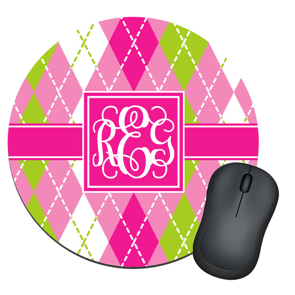 Custom Pink & Green Argyle Round Mouse Pad (Personalized)