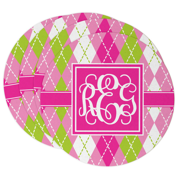 Custom Pink & Green Argyle Round Paper Coasters w/ Monograms
