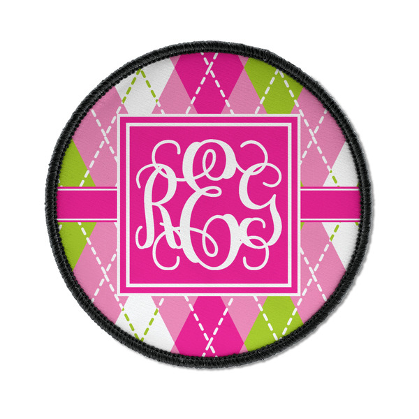 Custom Pink & Green Argyle Iron On Round Patch w/ Monogram