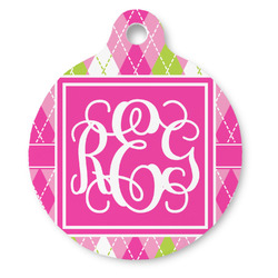Pink & Green Argyle Round Pet ID Tag - Large (Personalized)