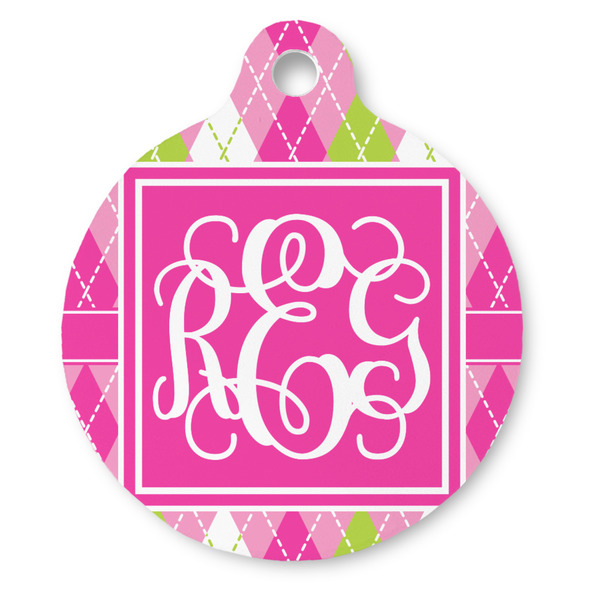 Custom Pink & Green Argyle Round Pet ID Tag (Personalized)