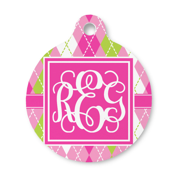 Custom Pink & Green Argyle Round Pet ID Tag - Small (Personalized)