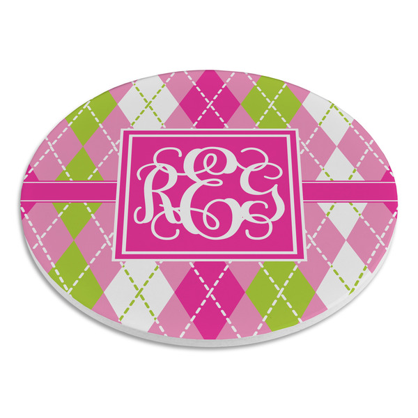 Pink & Green Argyle Round Stone Trivet - Angle View