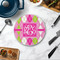 Pink & Green Argyle Round Stone Trivet - In Context View